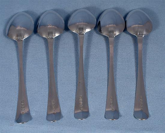 A set of five George III silver bright cut table spoons, Length: 8 ¼”/211mm Total Weight 7.3oz/207grms